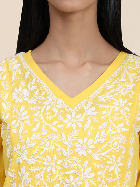 Hand embroidery Chikankari V Neck Anarkali Dress | Long Kurti in Cotton For Women